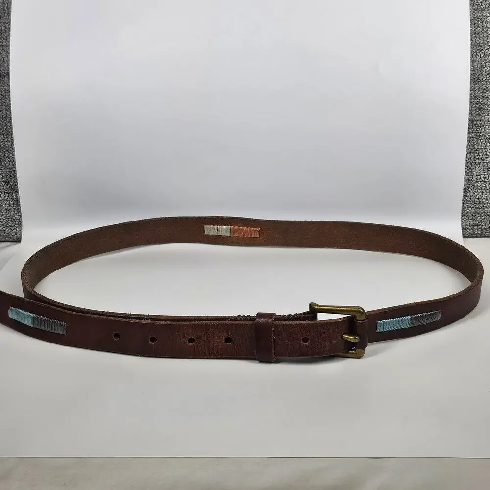 LUCKY BRAND VINTAGE BROWN GENUINE LEATHER BELT – MULTICOLOR STITCHING – SIZE 36